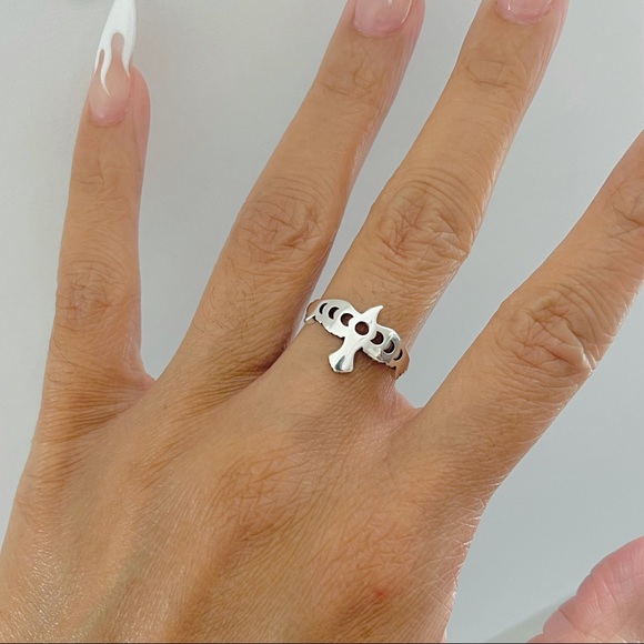 Sterling silver phases of the moon on eagle ring, moon ring, eagle ring, bird - Picture 8 of 10